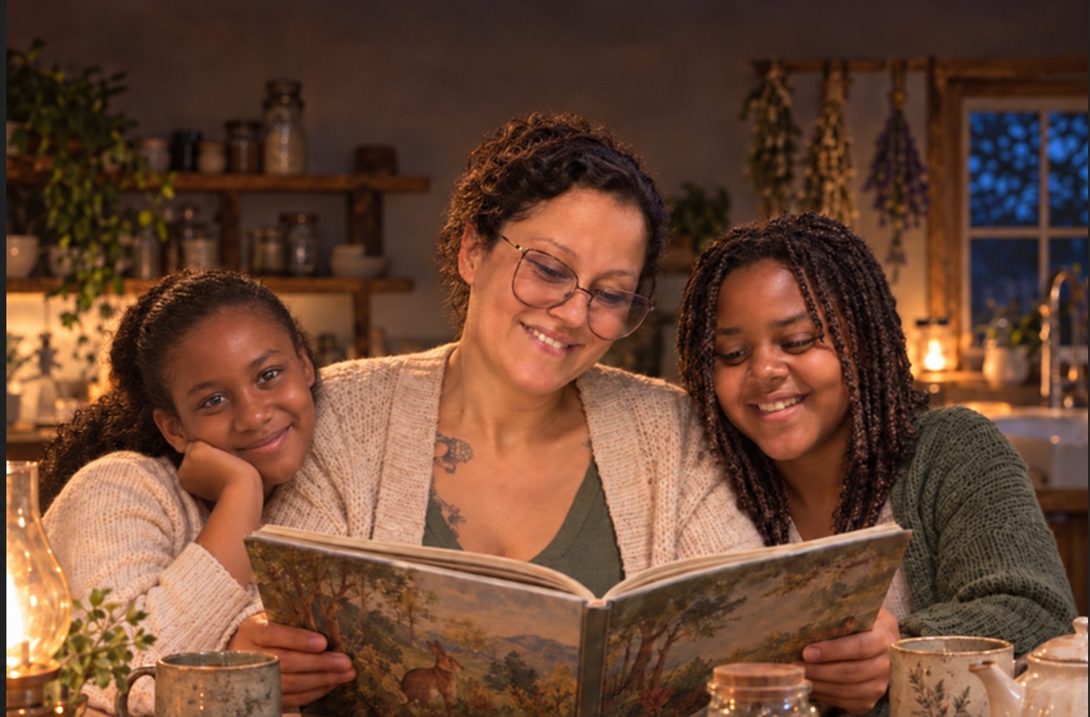Camila reading aloud to her two daughters at a lamplit table