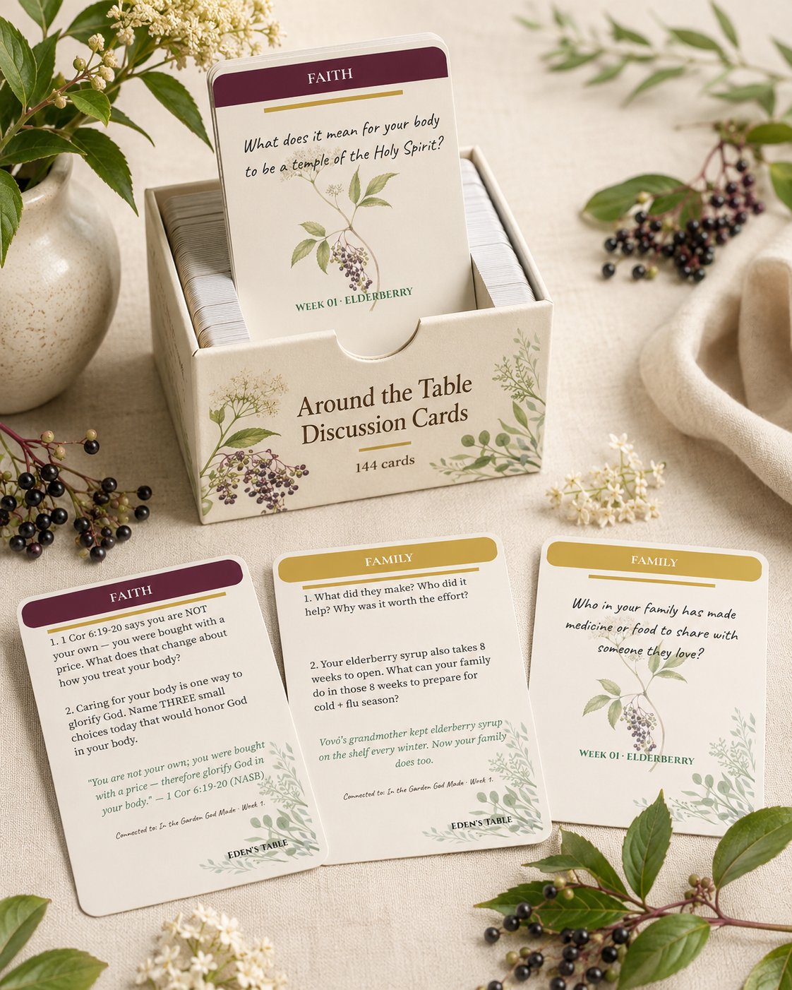 Seedlings Around the Table Family deck with cards visible