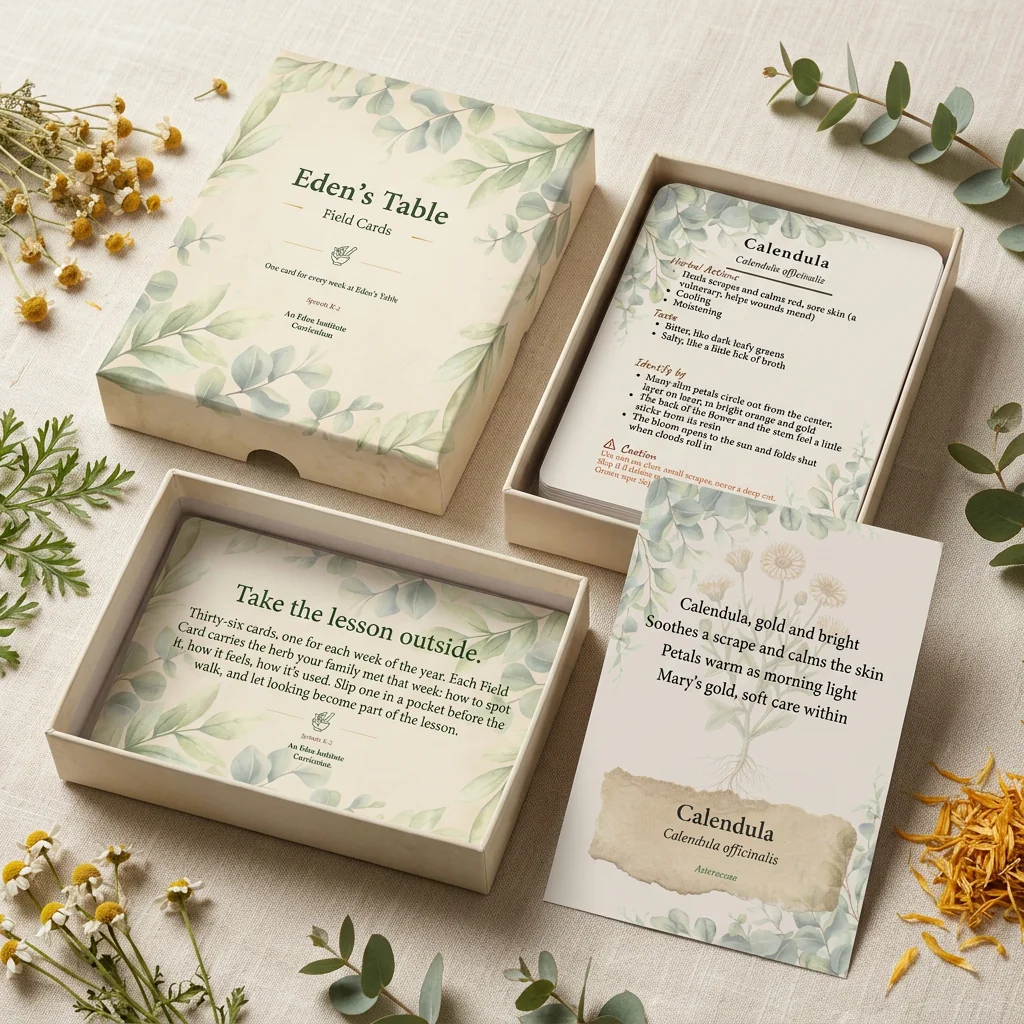 Eden's Table Herb Field Cards with storage box, showing a calendula card front and back