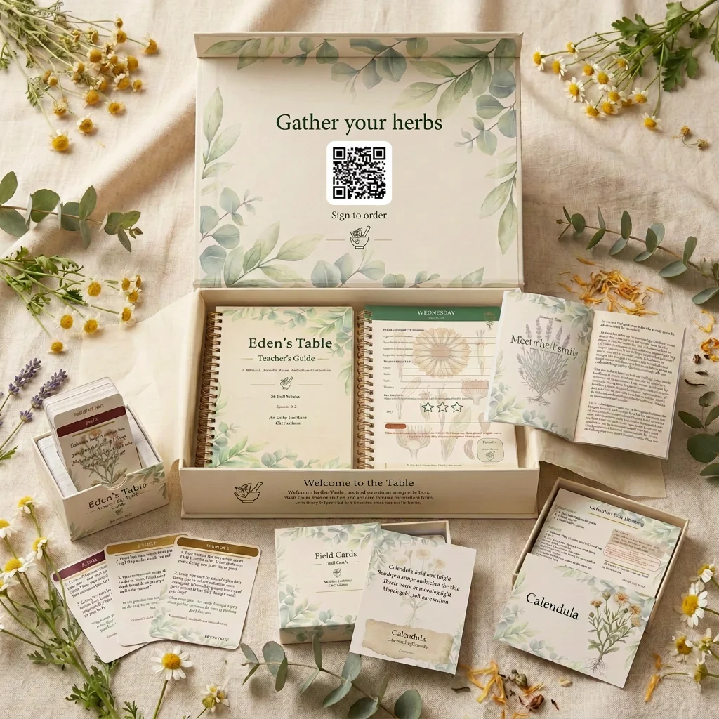 The Eden's Table kit box open, showing the Teacher's Guide, Student Notebook, storybook and all three card decks
