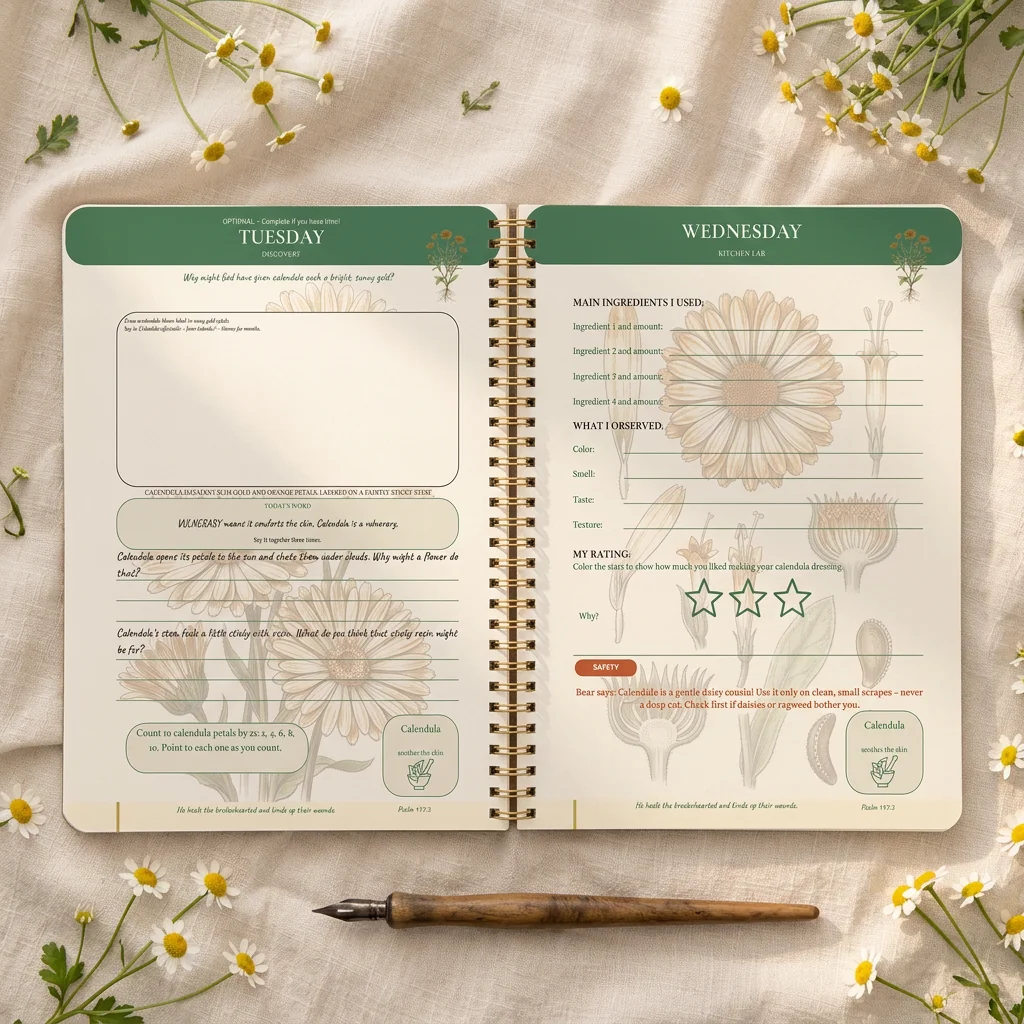 Student Notebook open to the Tuesday Discovery and Wednesday Kitchen Lab spread, with observation fields and a star rating