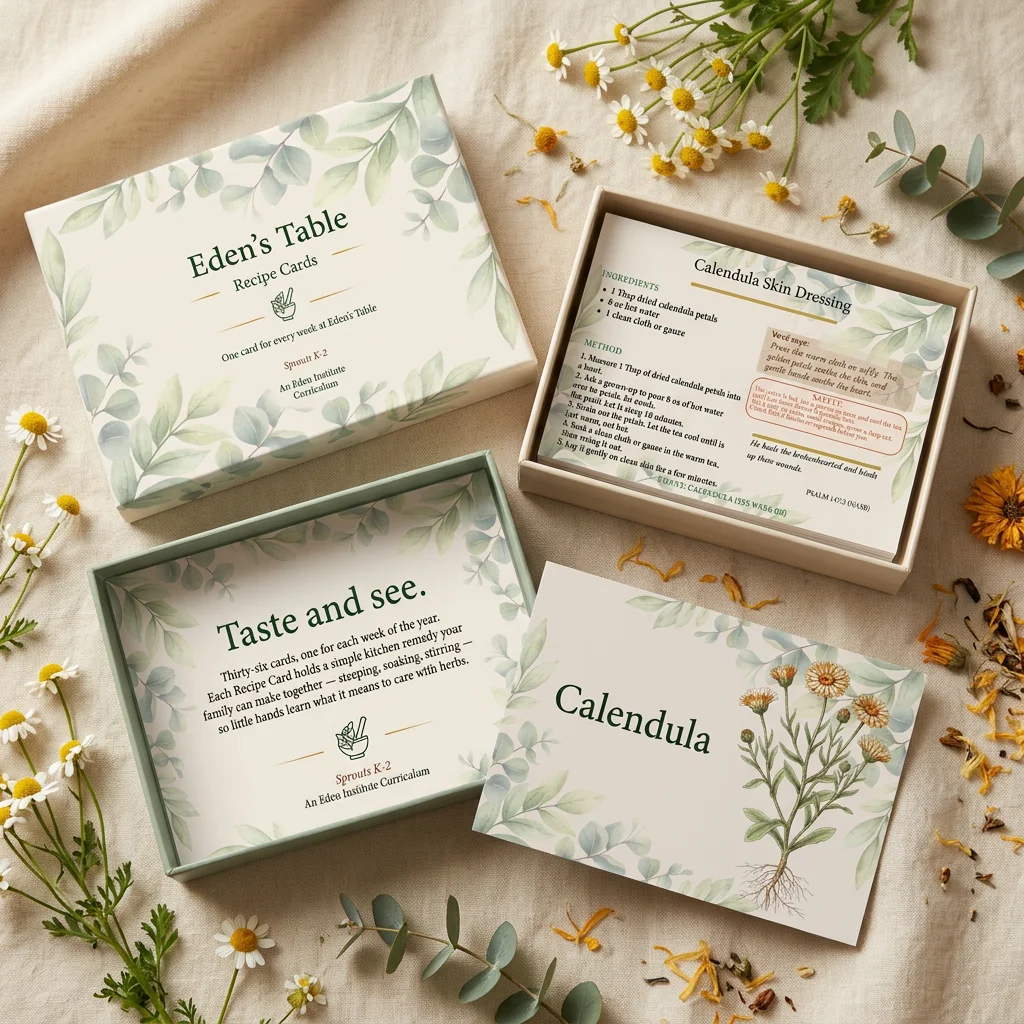 Eden's Table Recipe Cards with display box, showing a calendula skin dressing card