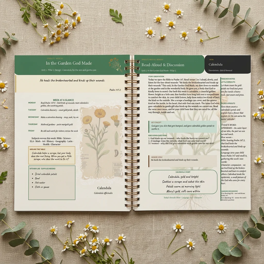 Teacher's Guide open to a calendula week spread, with the Week at a Glance, read-aloud and discussion pages