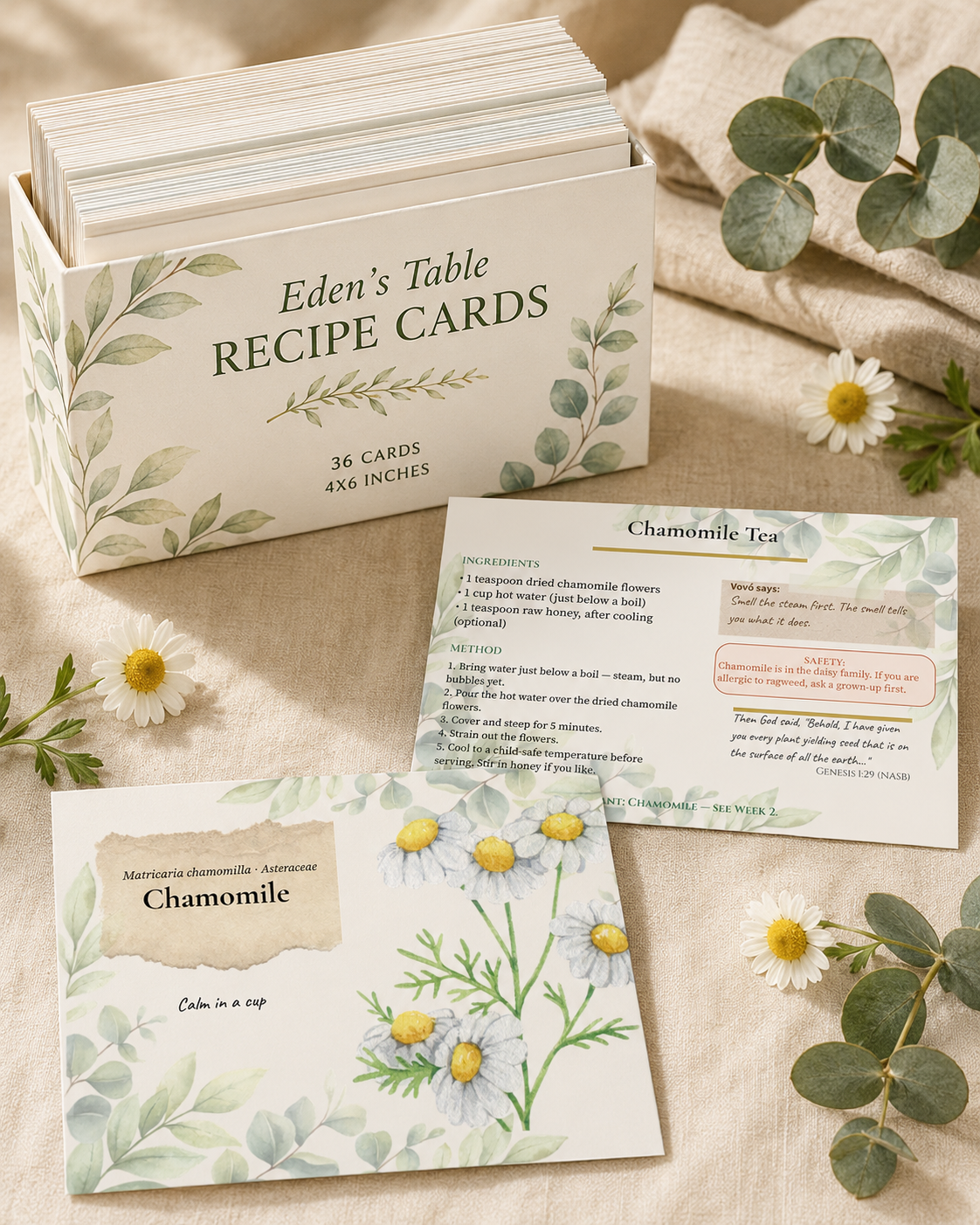Sprouts Recipe Cards with display box — Chamomile Tea card visible