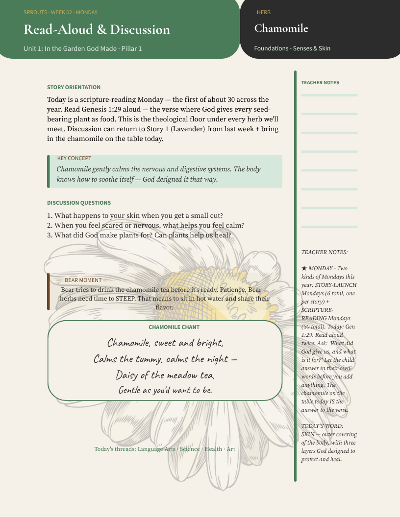 A Monday lesson page from the Sprouts Teacher's Guide, Week 2, chamomile.