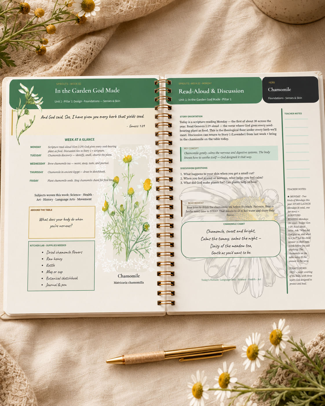 Sprouts Teacher Guide open on cream linen